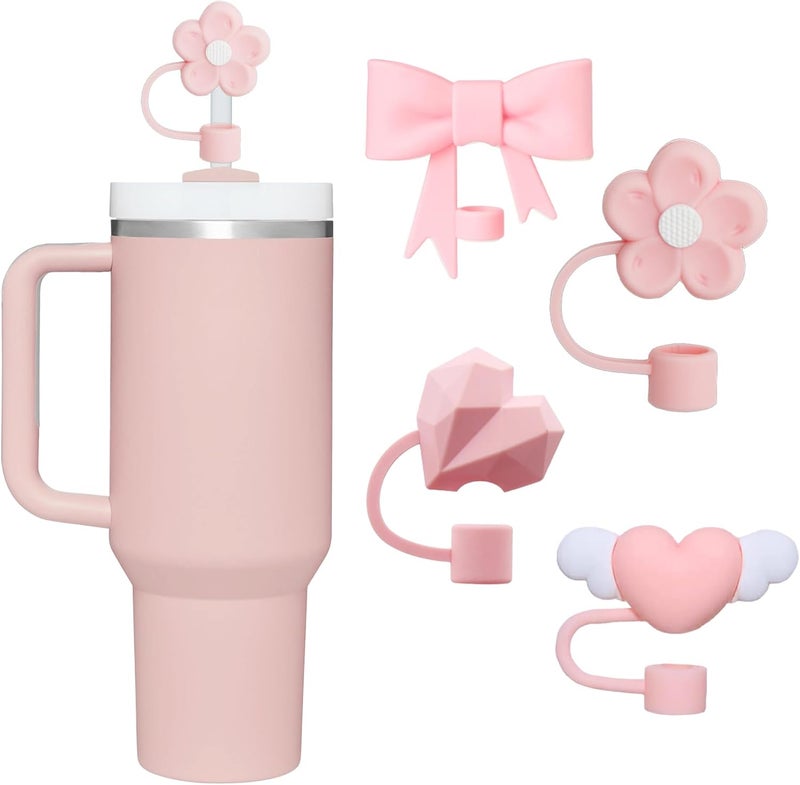 vikgle 4 Pcs 0.4in Straw Cover for Stanley Cup, Silicone Straw Topper Set for 30&40oz Stanley Tumble, Fit for 10mm/0.4in Straws (Pink) - Image 1